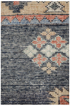 A close-up of a vintage Persian runner featuring a dark blue field with geometric floral motifs.