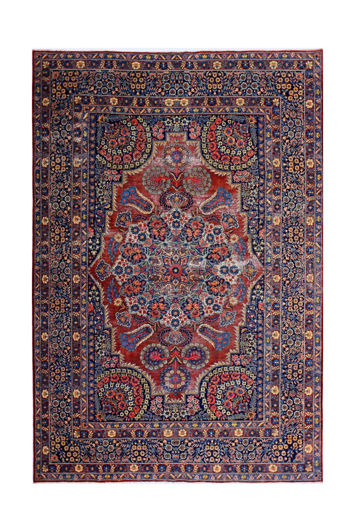 A vintage Persian Moud rug featuring a central floral medallion on a red field with blue borders.