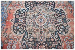 A vintage Persian Moud rug featuring a central floral medallion in shades of red, blue, and cream.