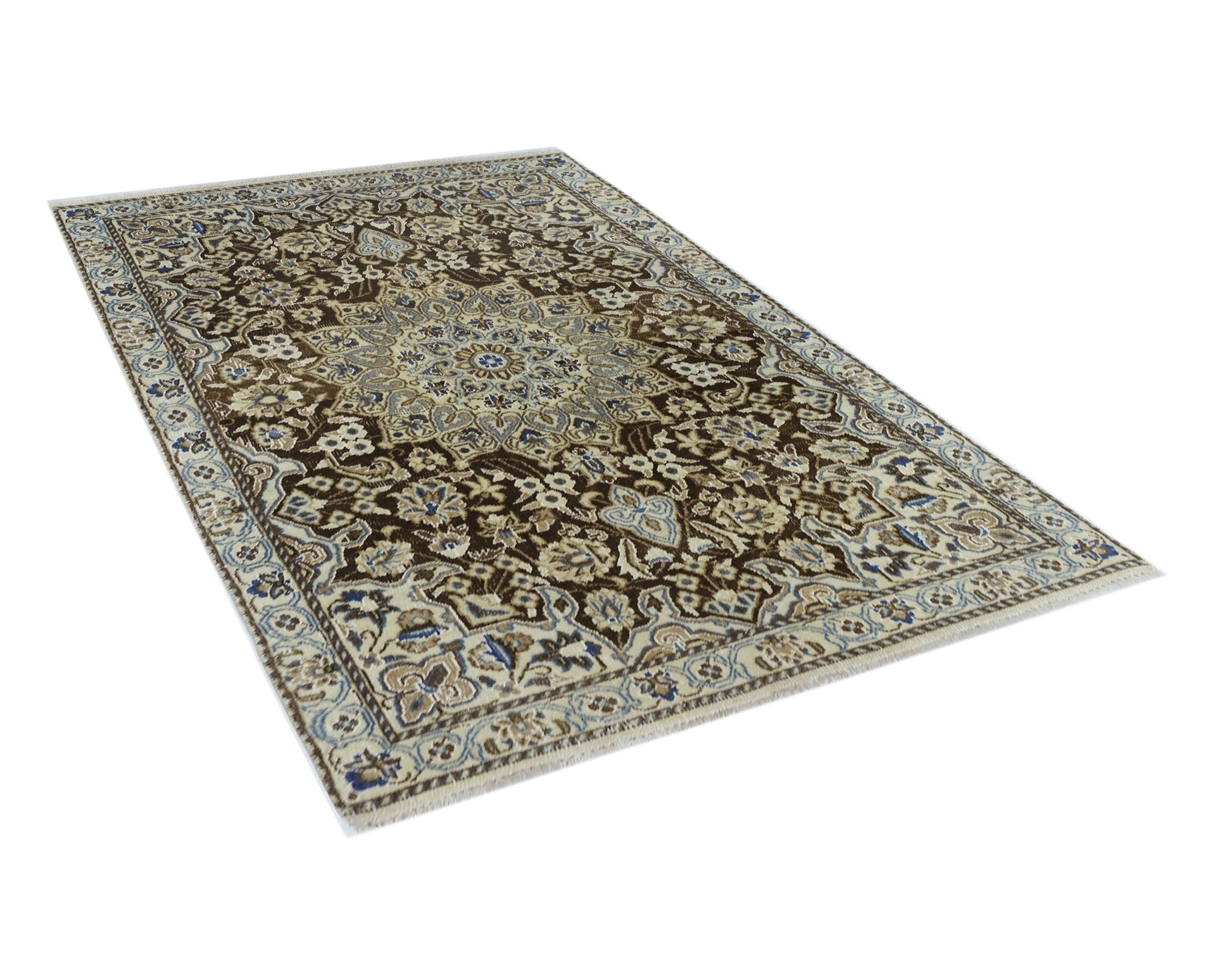A vintage Persian Nain rug featuring an intricate floral pattern in shades of brown, cream, and blue.