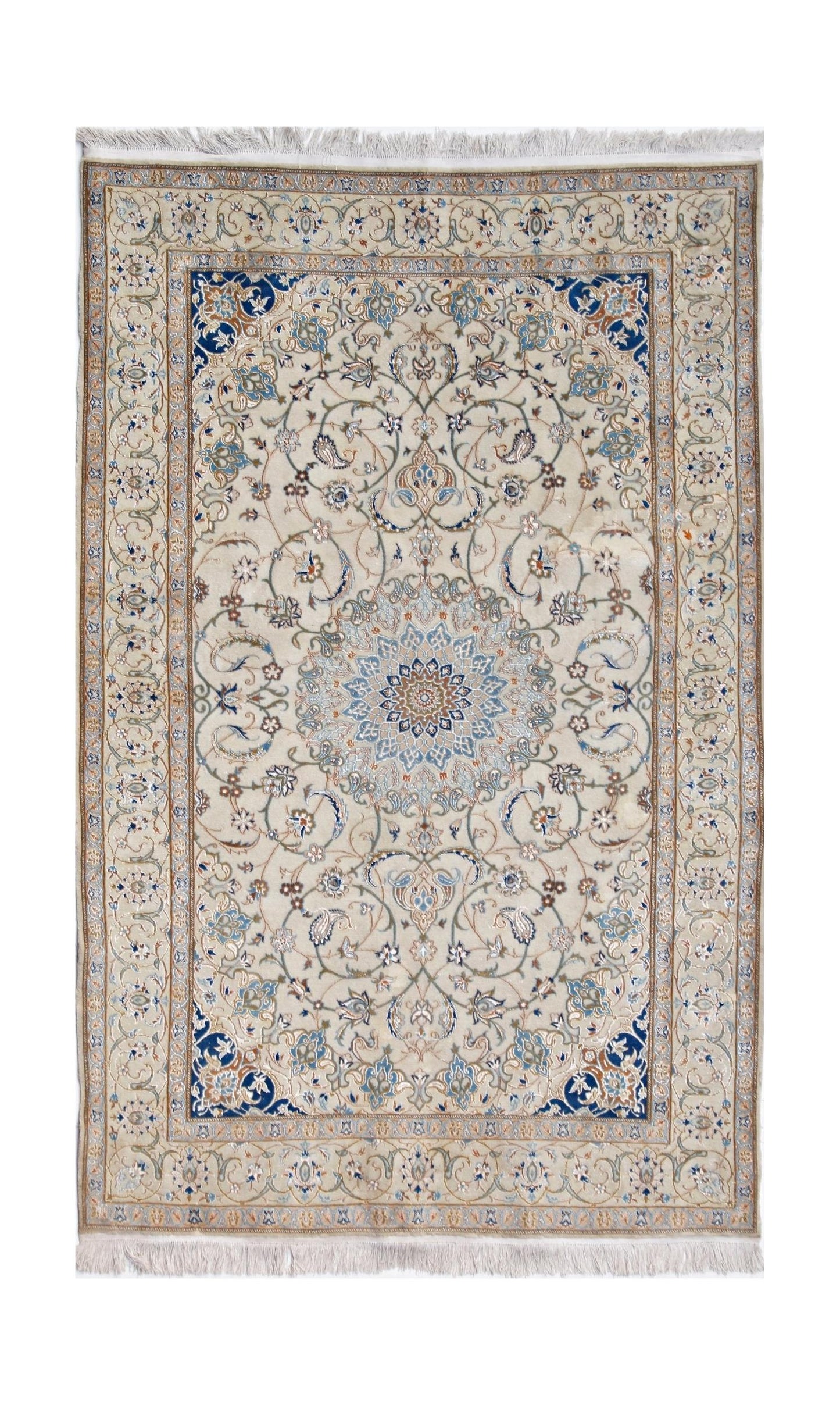 A vintage Persian Nain rug featuring a central floral medallion on a cream field with blue accents.