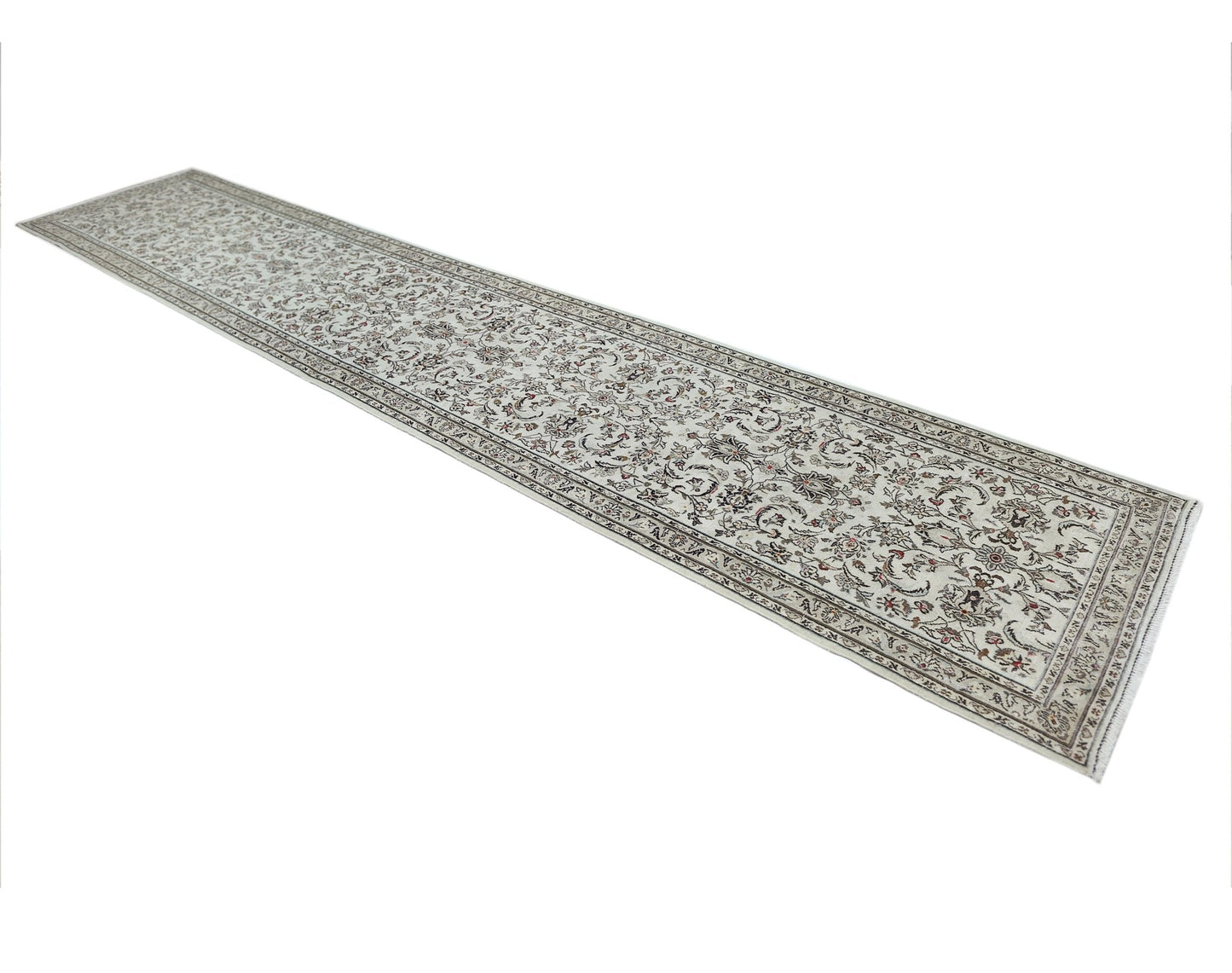 A long, vintage Persian Nain runner rug featuring an intricate floral pattern in neutral tones.