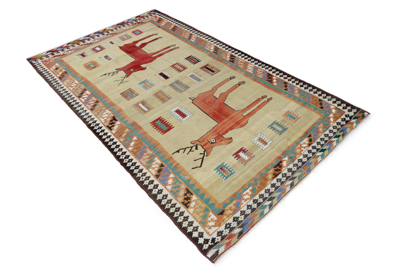 Handmade Vintage Persian Deer Kilim | 260 x 150 cm | 8'6" x 4'11" - Najaf Rugs & Textile