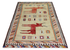 Handmade Vintage Persian Deer Kilim | 260 x 150 cm | 8'6" x 4'11" - Najaf Rugs & Textile