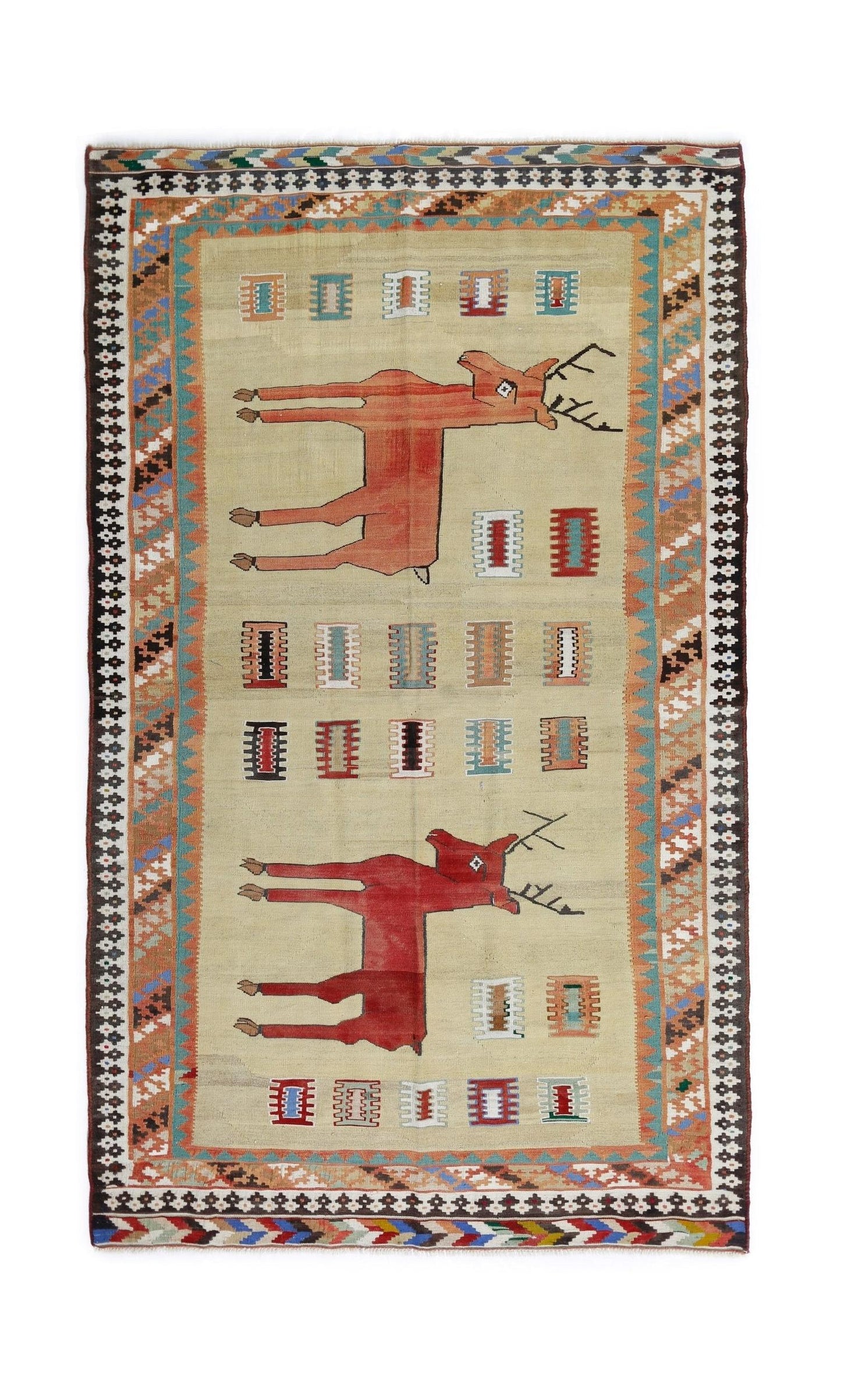Handmade Vintage Persian Deer Kilim | 260 x 150 cm | 8'6" x 4'11" - Najaf Rugs & Textile