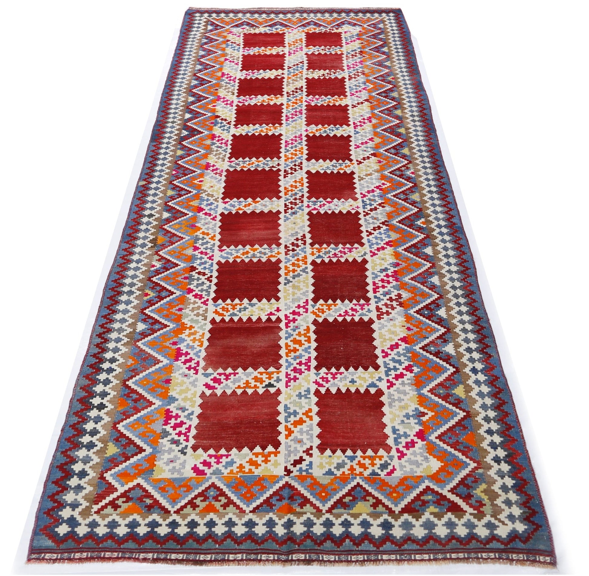 Handmade Vintage Persian Kilim Hallway Runner | 432 x 140 cm | 14'2" x 4'7" - Najaf Rugs & Textile