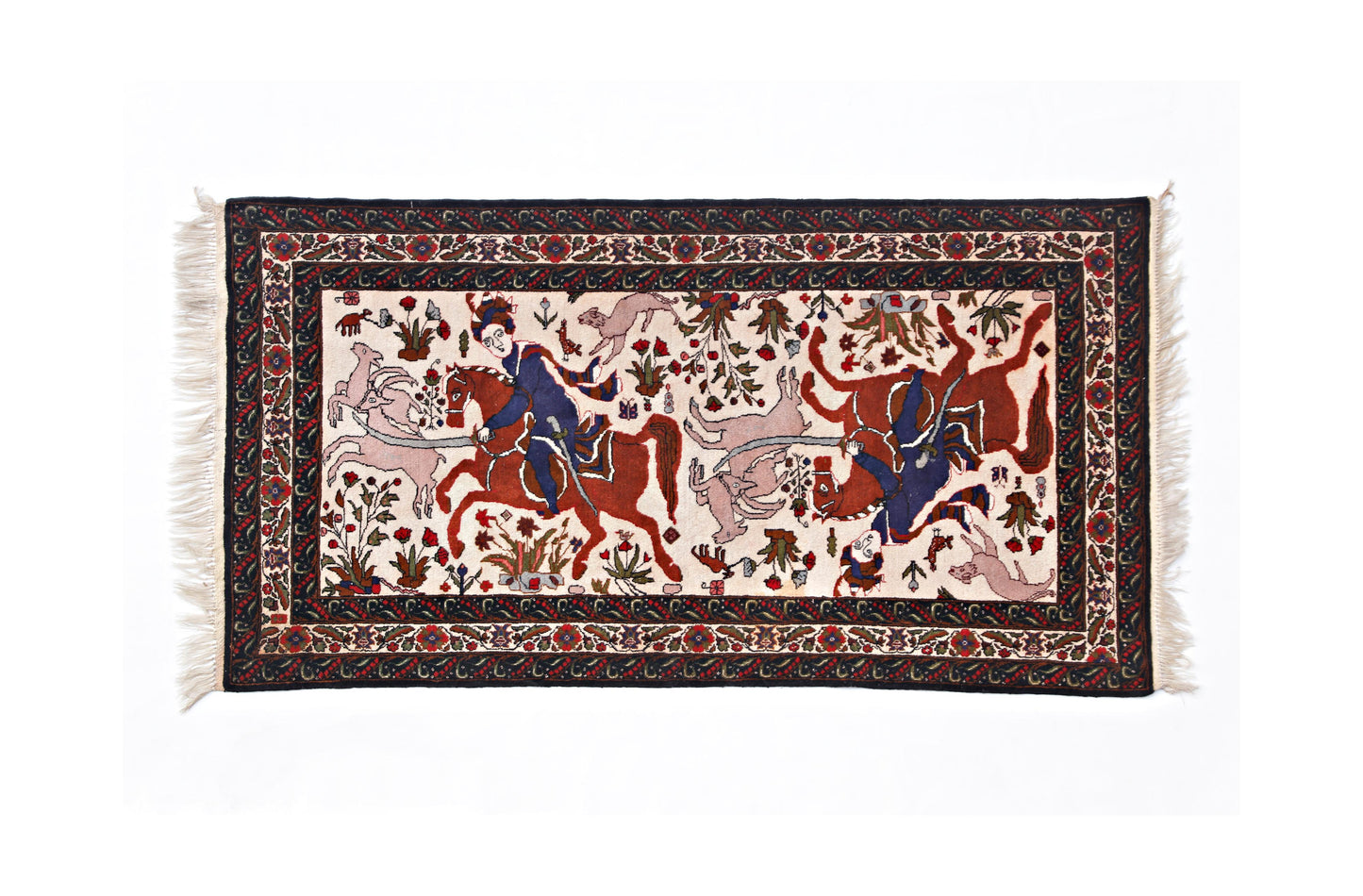 A vintage handmade Persian rug featuring a detailed hunting scene with riders on a cream background.
