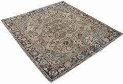 A square vintage Persian rug featuring a faded floral pattern in muted tones with blue accents.