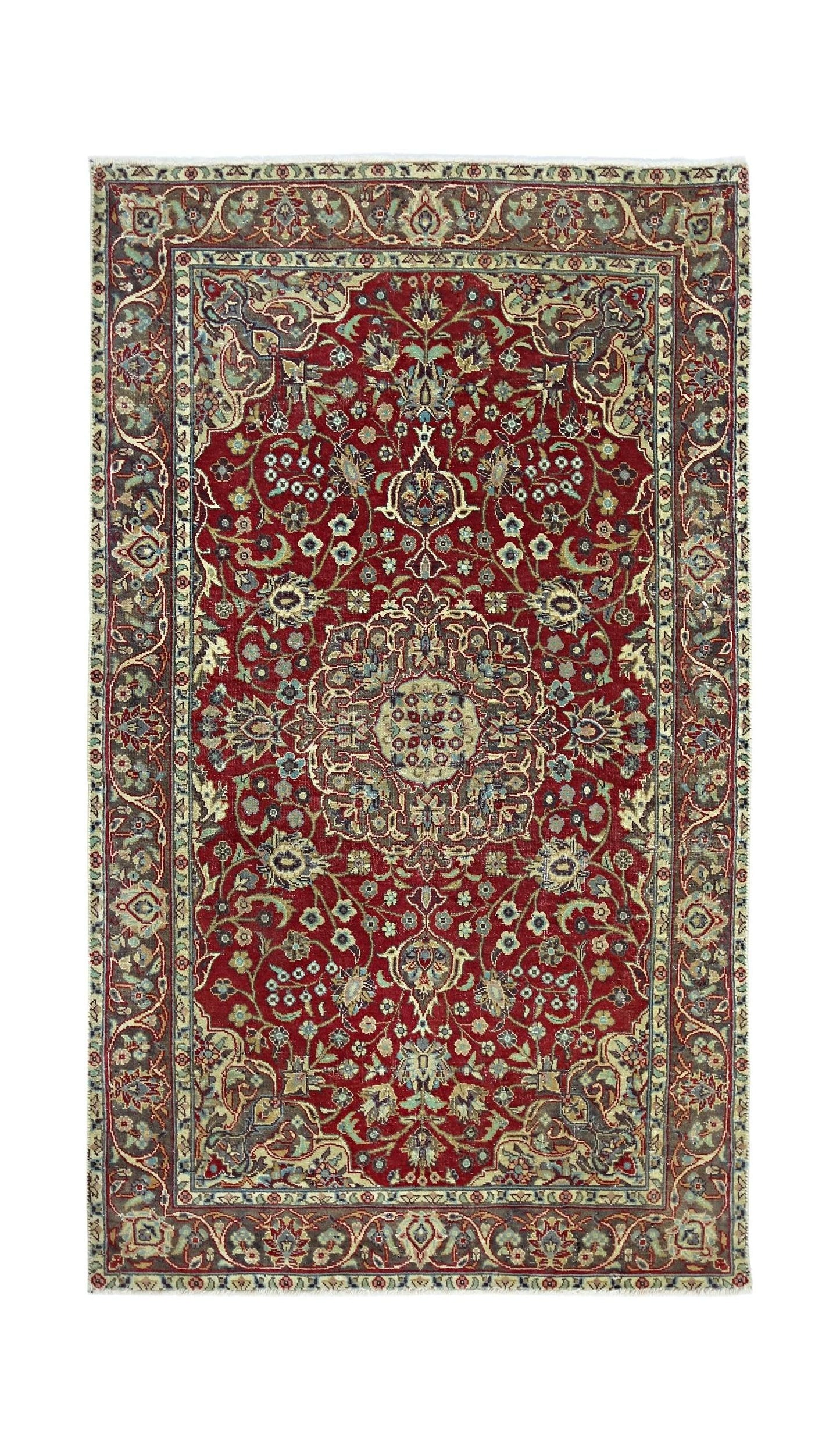 A rectangular vintage Persian rug featuring a central medallion on a red field with floral motifs.