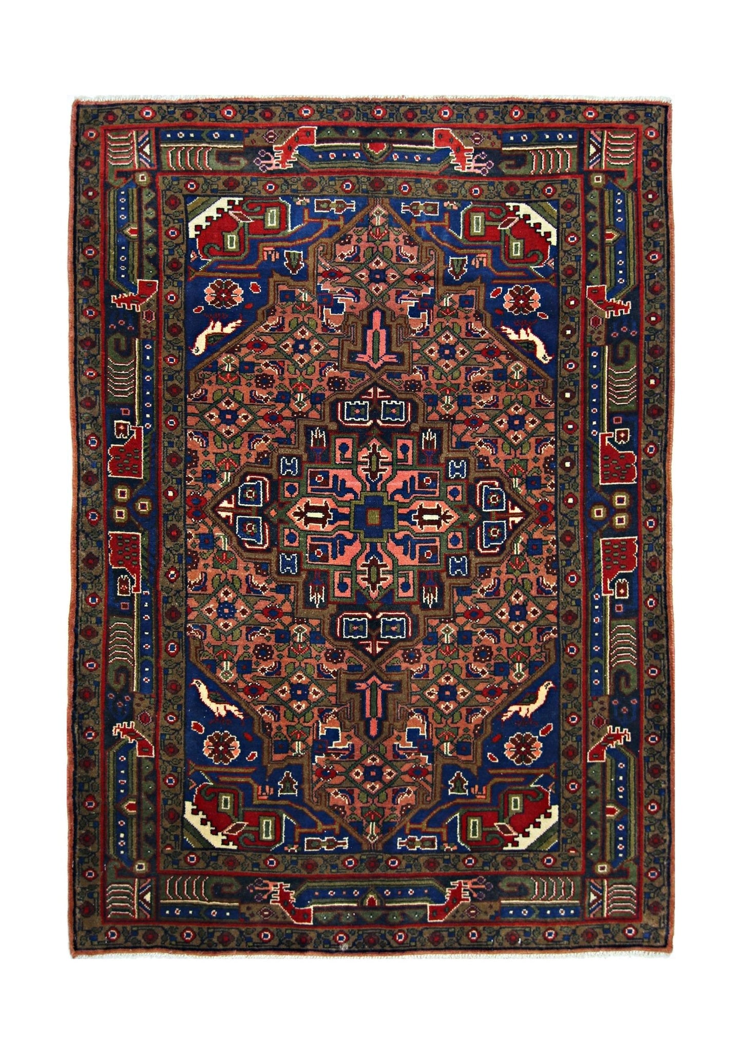 A rectangular vintage Persian rug featuring a geometric floral pattern in blue, red, and green.