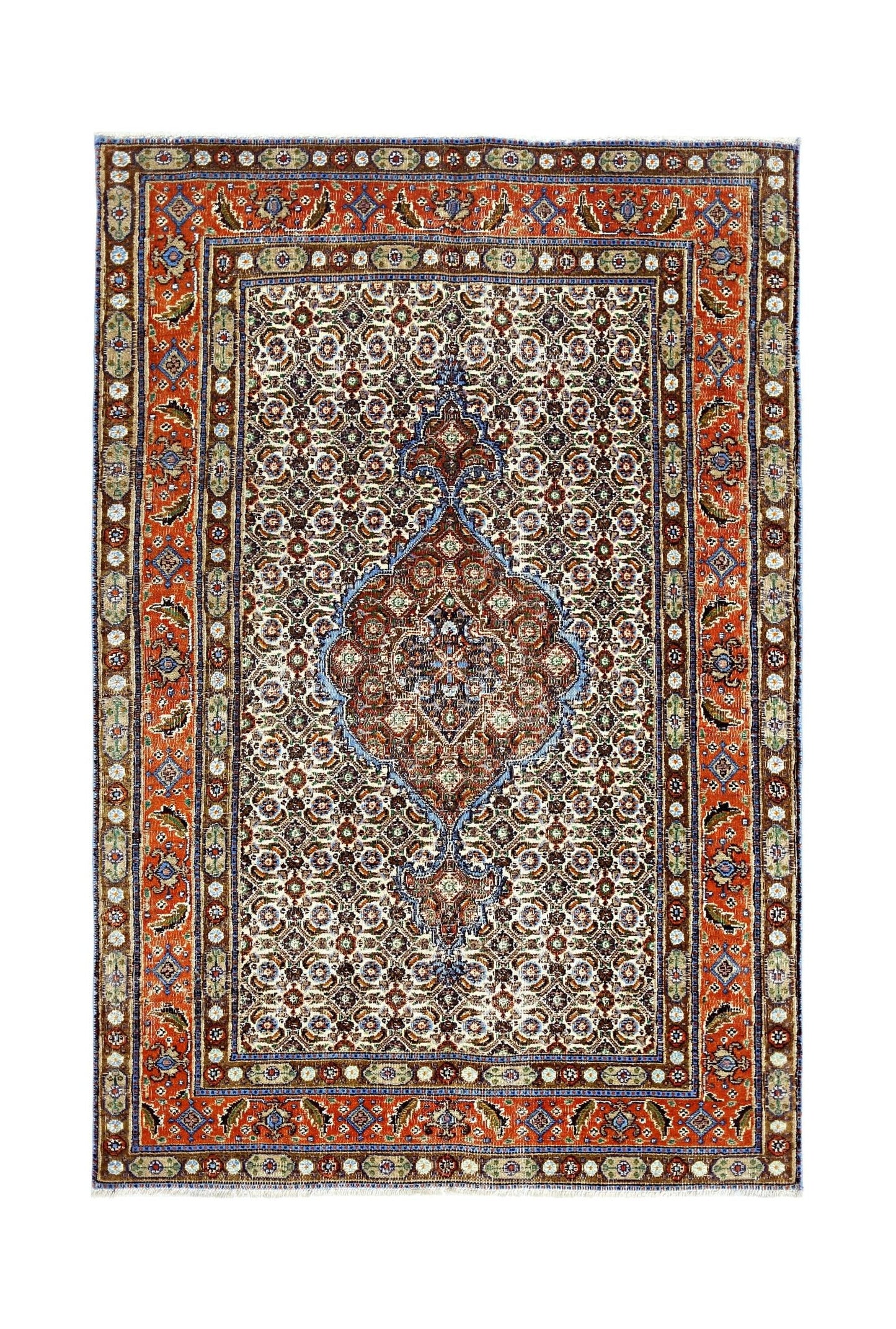 A rectangular vintage Persian rug featuring a central medallion on a cream field with orange borders.
