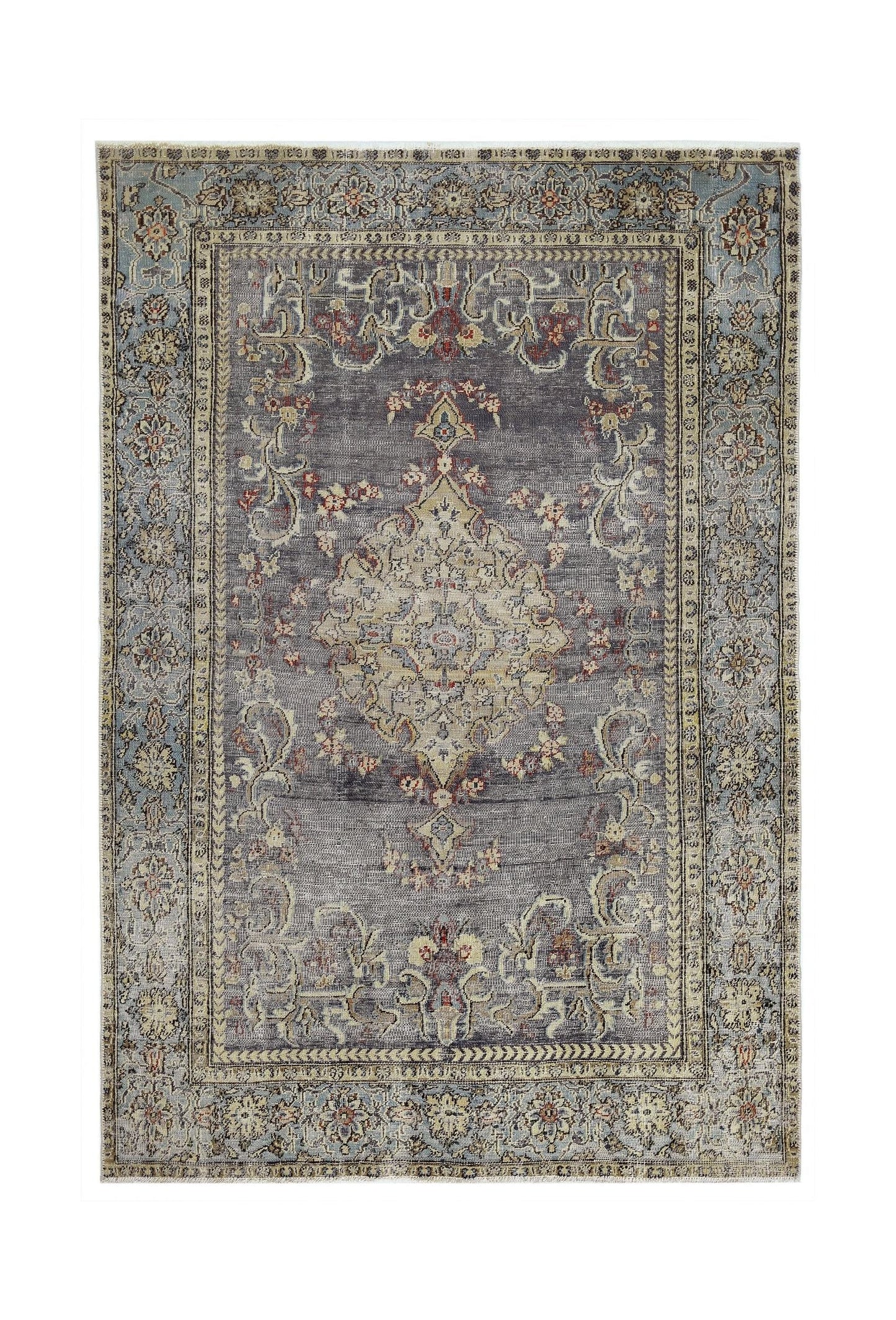 A rectangular vintage Persian rug featuring a central medallion on a dark grey field.
