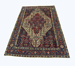 A rectangular vintage Persian rug featuring a central medallion pattern in red, blue, and cream.