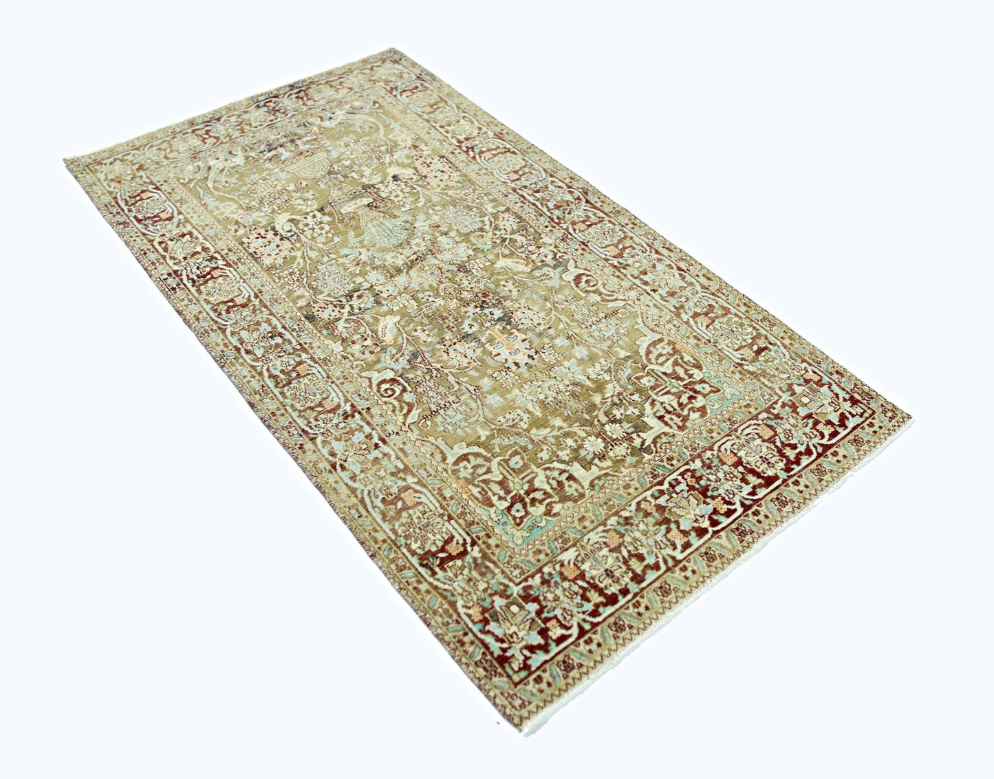 A rectangular vintage Persian rug featuring intricate floral patterns in muted earth tones.
