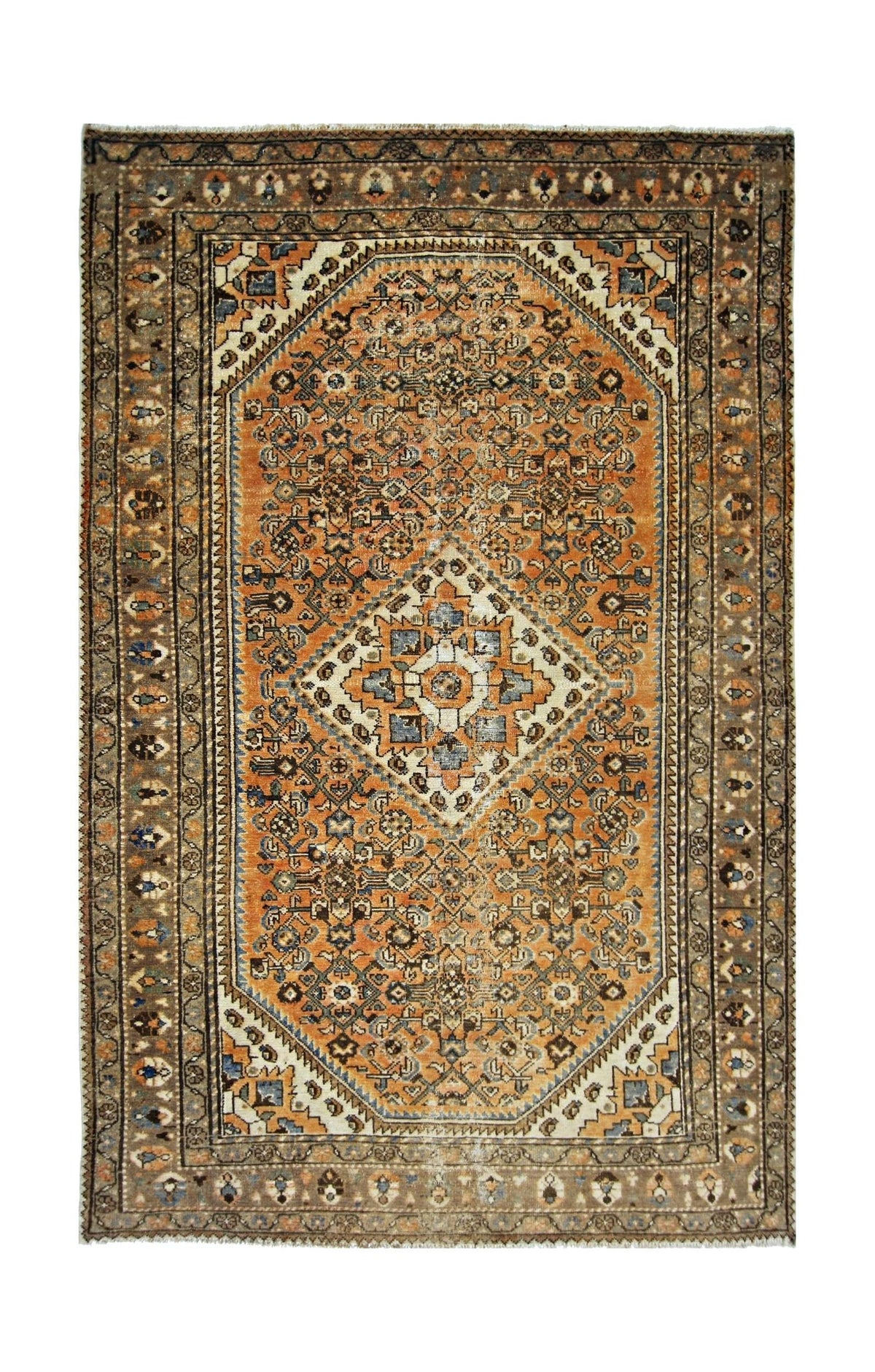 A vintage Persian rug featuring a central diamond medallion on an orange field with floral motifs.