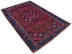 A rectangular vintage Persian rug featuring a central medallion in shades of red, blue, and black.
