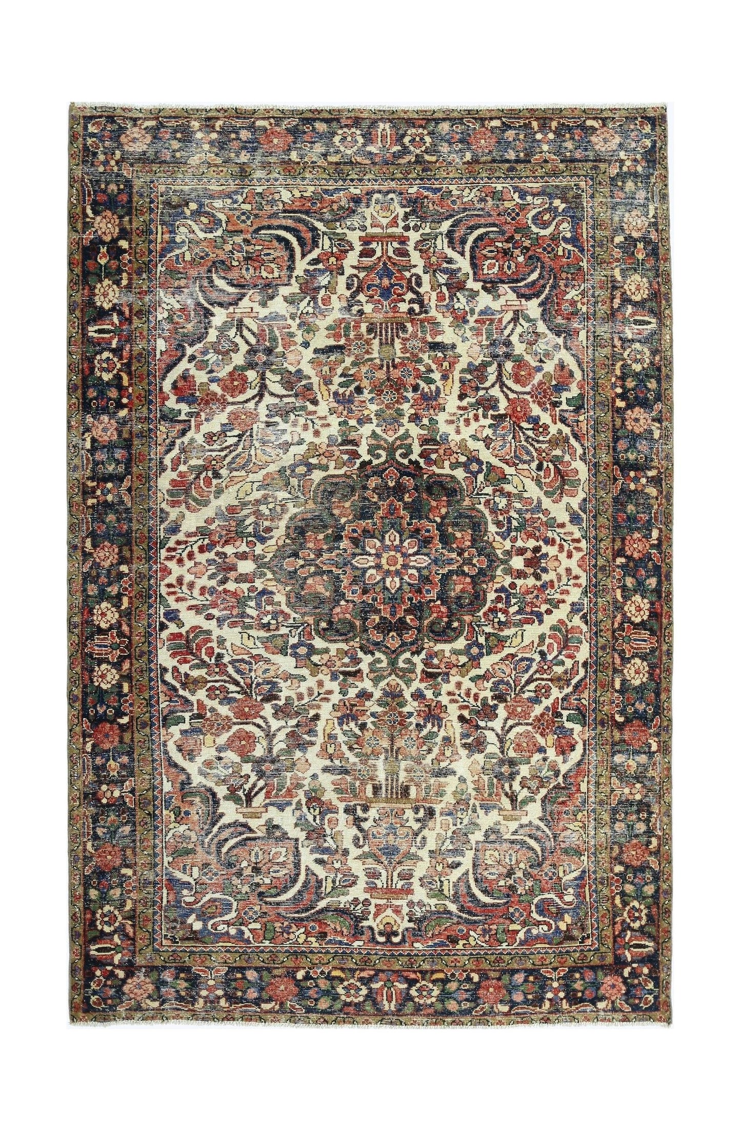 A vintage Persian rug featuring a central floral medallion on a cream field with a dark border.