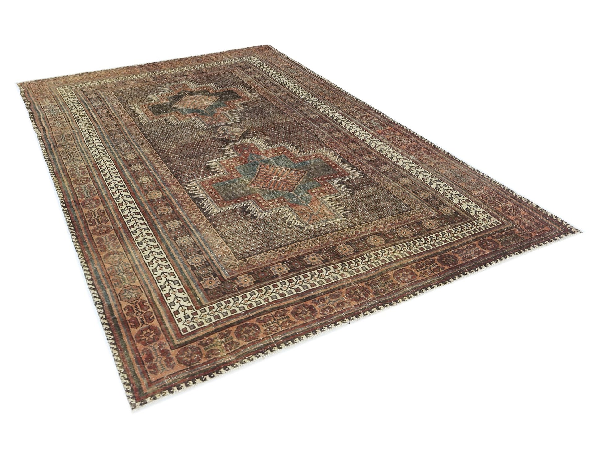 A vintage Persian rug featuring a brown field with two central geometric medallions.