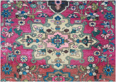A vintage Persian runner featuring a central floral medallion on a vibrant magenta background.