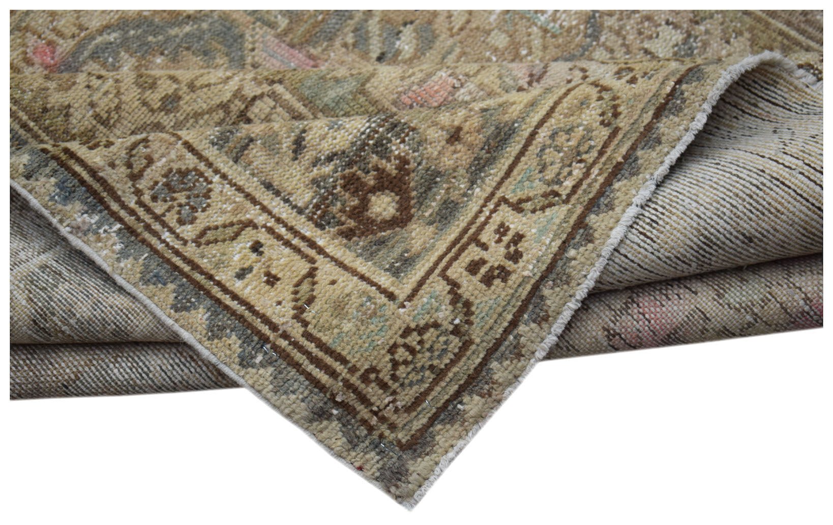 A handwoven vintage Persian runner featuring a faded floral pattern in muted earth tones.