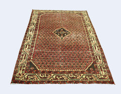 A vintage Persian Saraband rug featuring a red field with a repeating pattern and a central diamond.