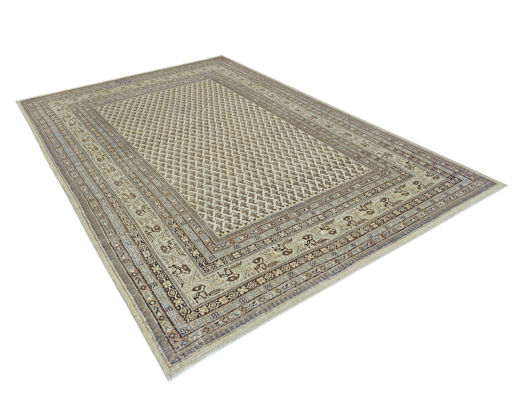 A vintage Persian Saraband rug featuring a repeating boteh pattern in neutral tones.