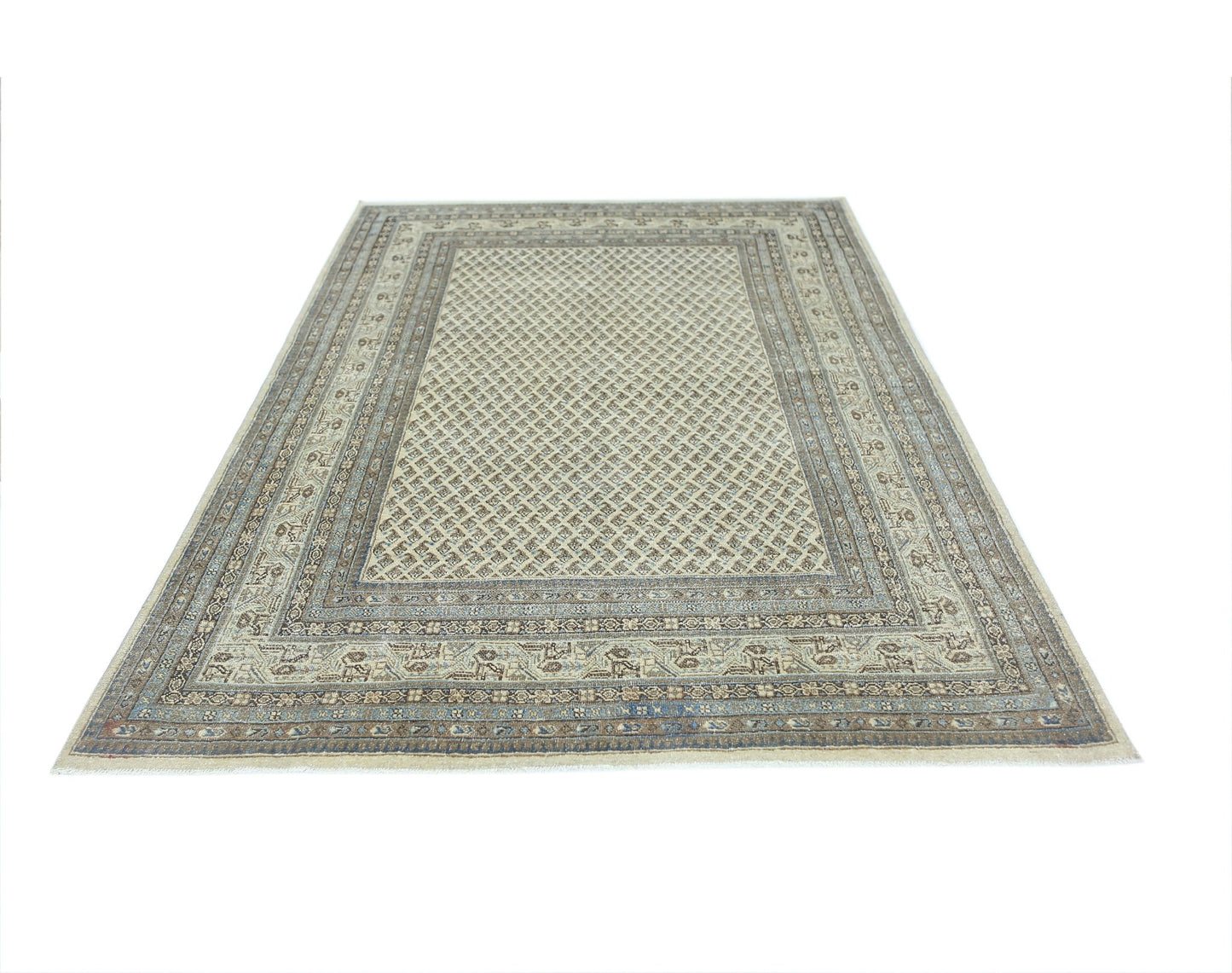 A vintage Persian Saraband rug featuring a repeating geometric pattern in neutral tones.
