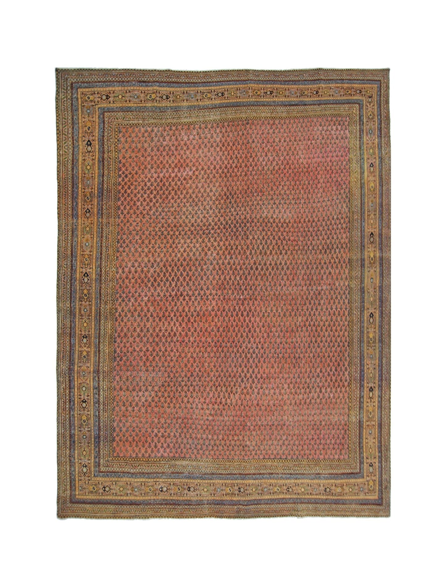 Vintage Persian Saraband rug featuring a repeating boteh pattern on a salmon field.