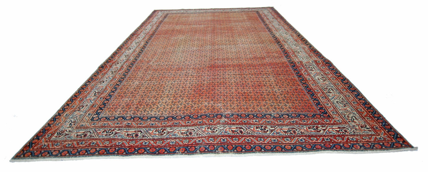 A vintage Persian Saraband rug featuring a repeating pattern in shades of red and blue.