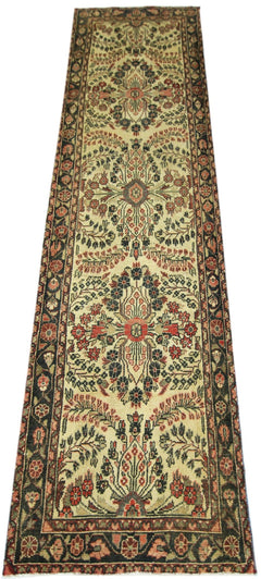 A vintage Persian Sarouk runner featuring a floral medallion pattern in red and blue on a cream base.