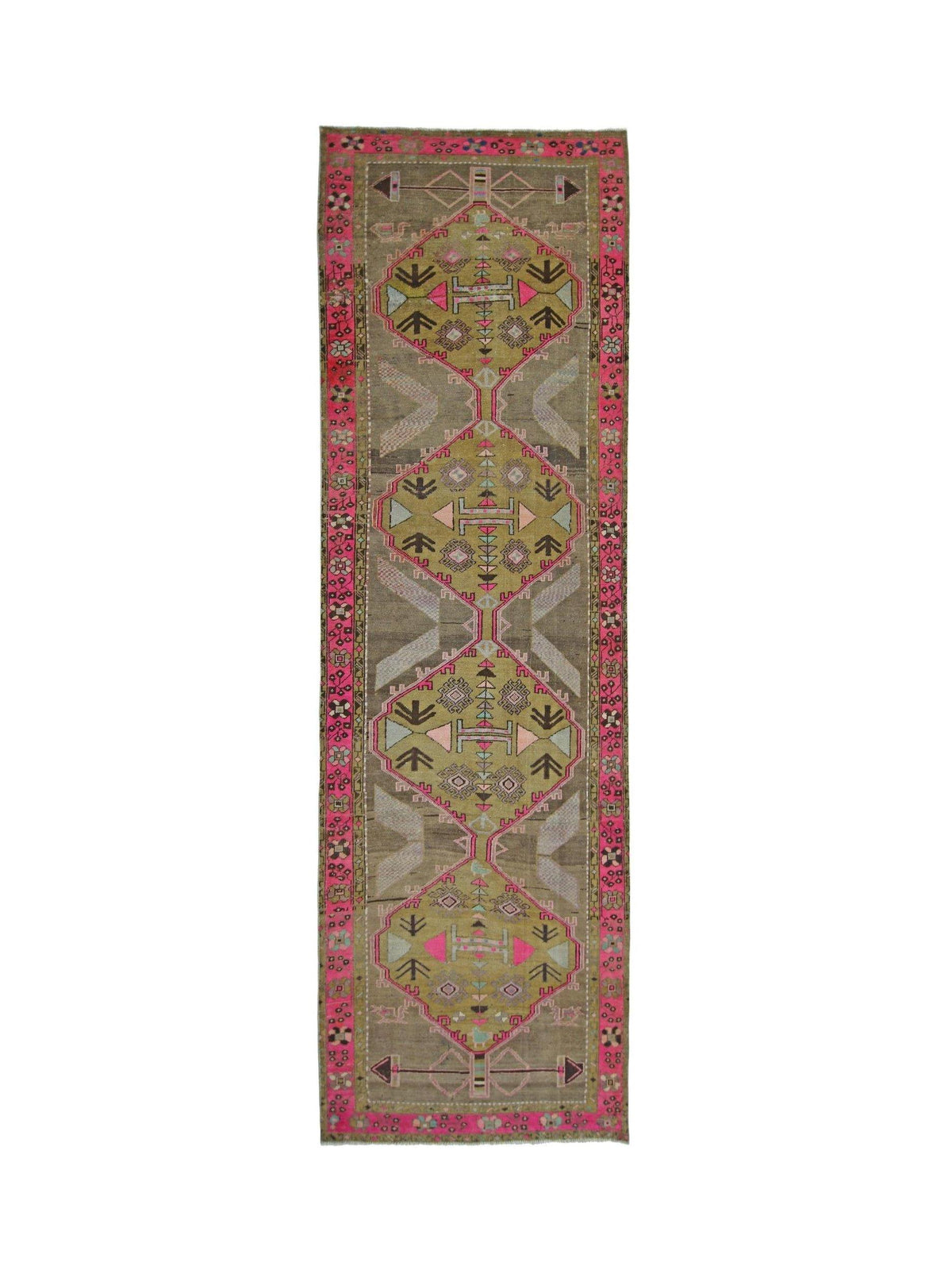 Vintage Persian Serab runner with geometric medallions in olive green, grey, and vibrant pink on a wool pile.