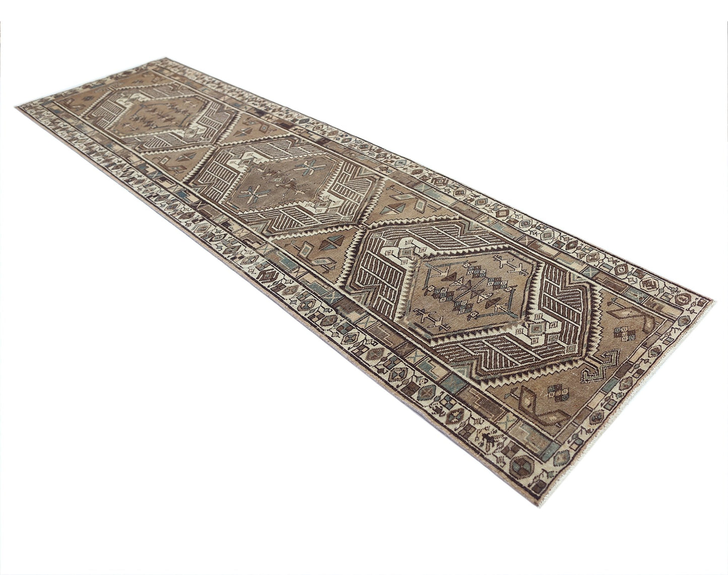 A vintage Persian Serab runner rug featuring geometric patterns in shades of brown and beige.