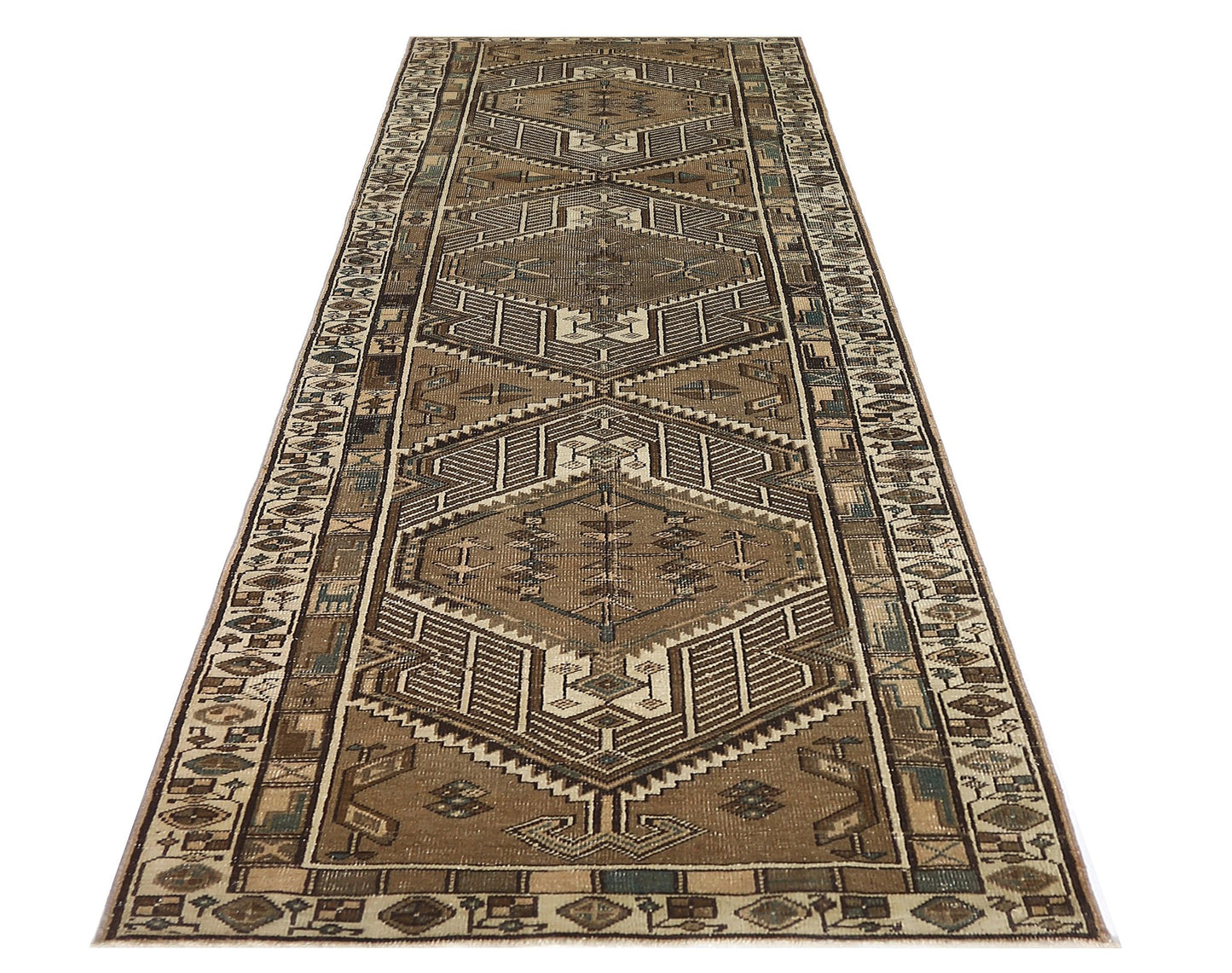 A vintage Persian Serab runner featuring geometric patterns in shades of brown and beige.