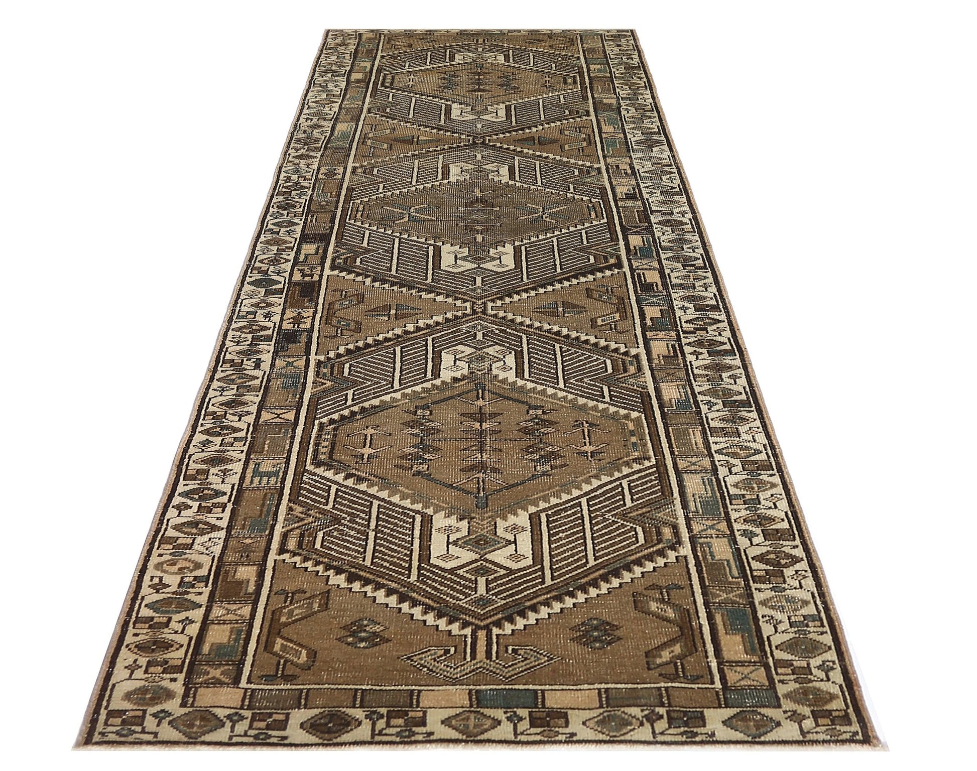 A vintage Persian Serab runner featuring geometric patterns in shades of brown and beige.