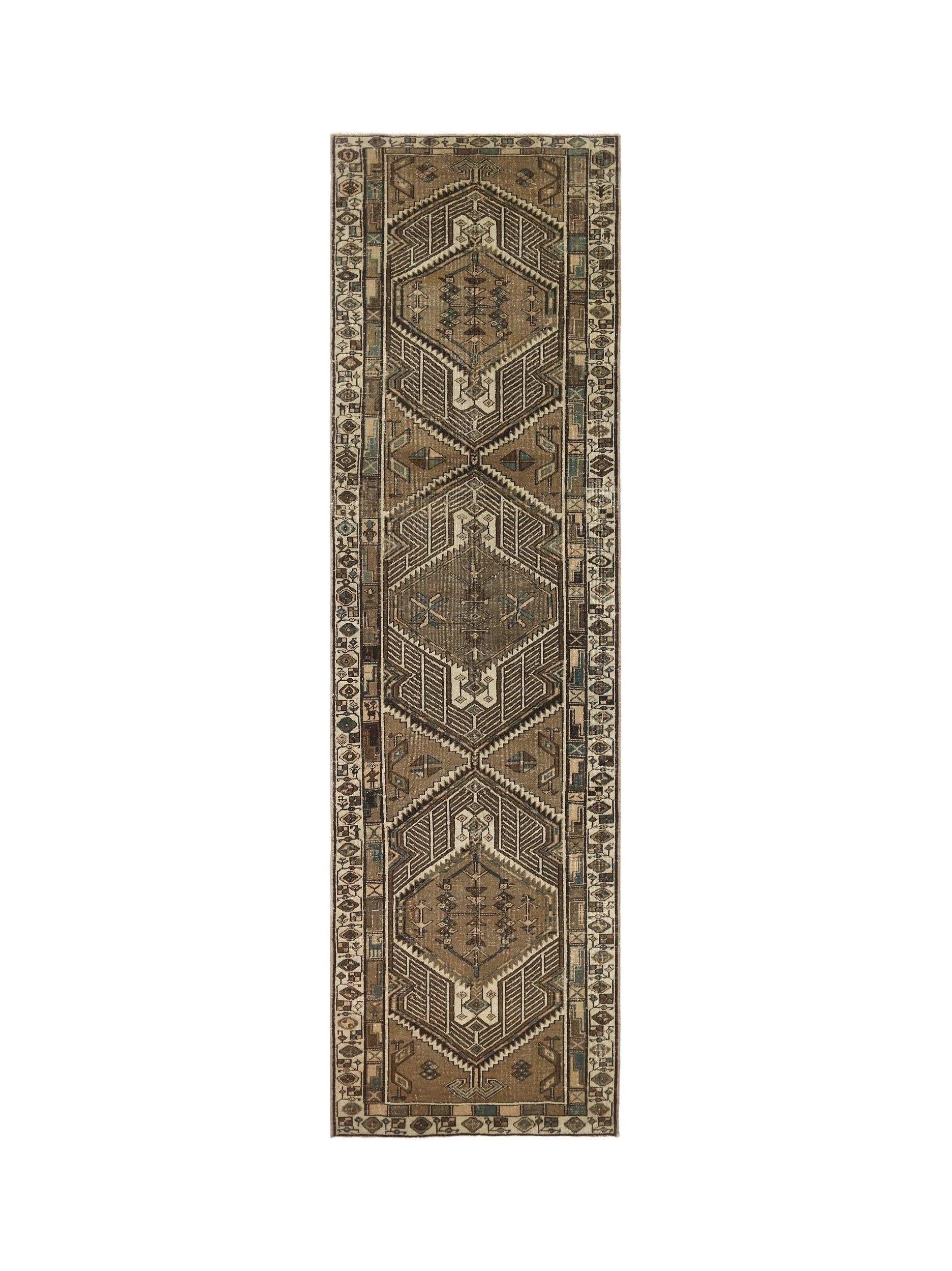 A vintage Persian Serab runner featuring three geometric medallions in earthy brown tones.