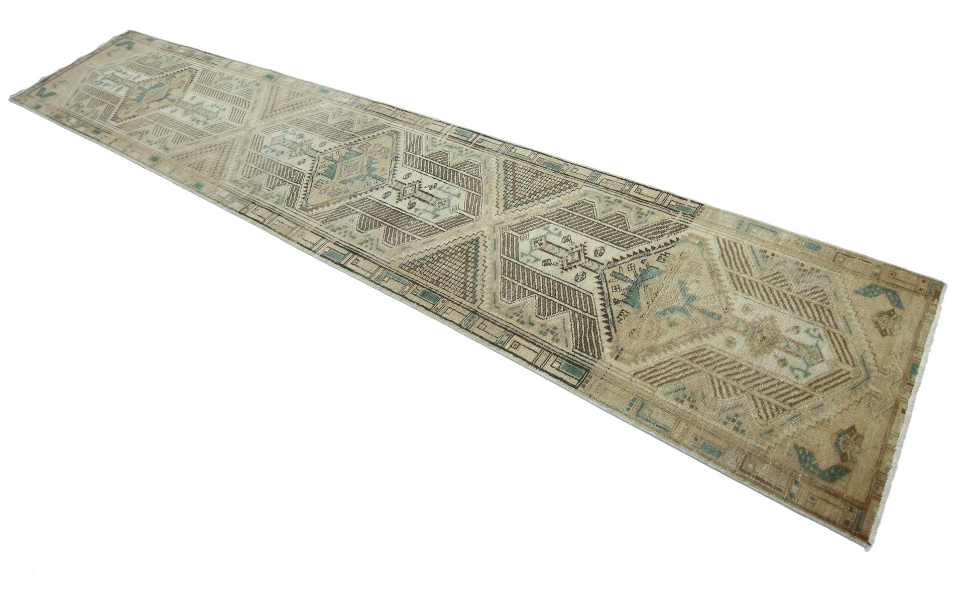 A long, handmade vintage Persian Serab runner rug featuring geometric patterns in neutral tones.