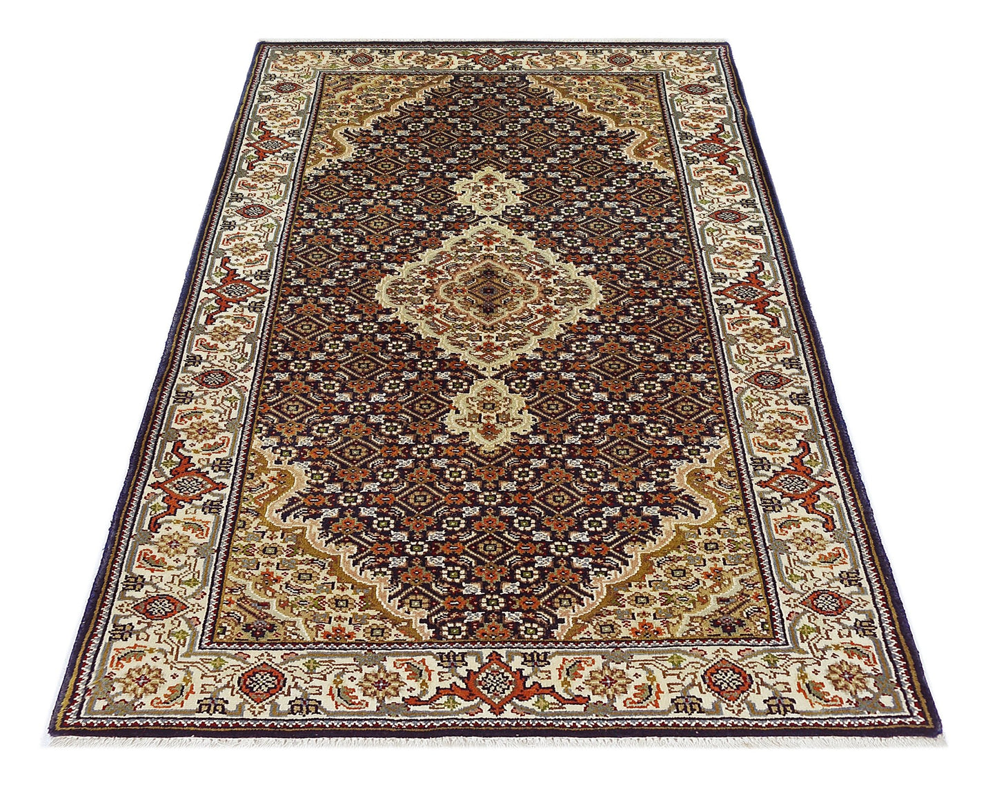 A vintage Persian Tabriz rug featuring an intricate floral medallion pattern in deep red and cream.