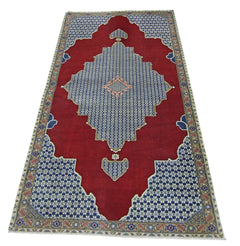 A vintage handmade Persian rug featuring a red field with a blue geometric medallion and floral border.
