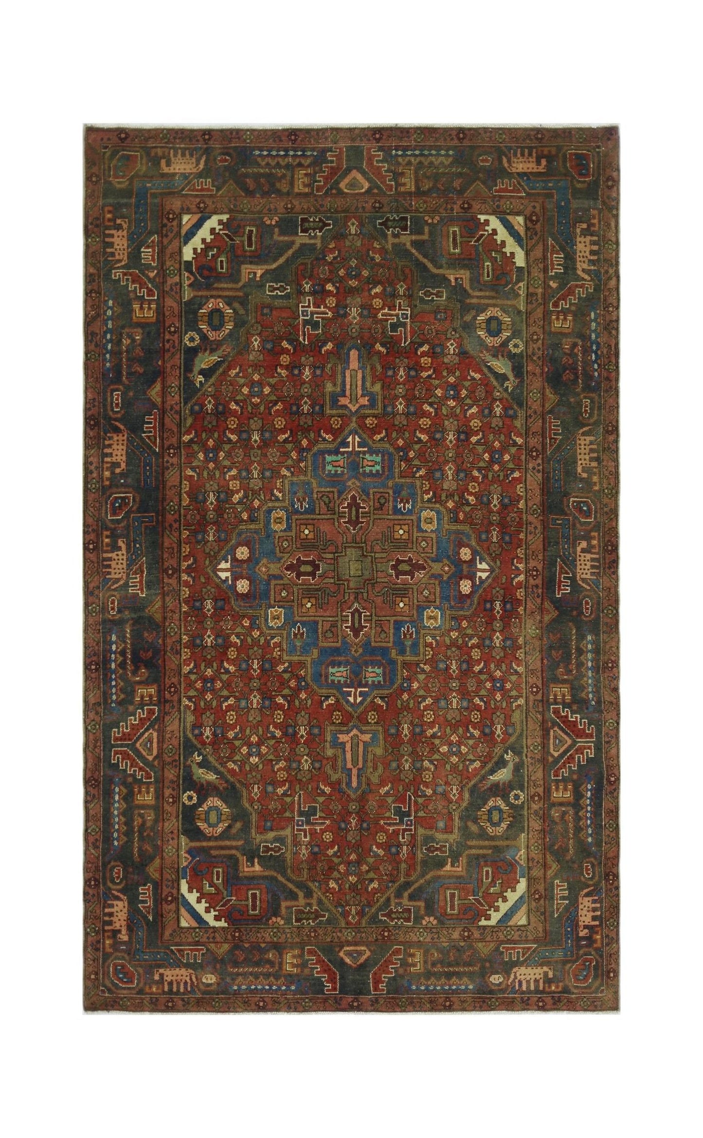 A vintage Persian Tabriz rug featuring a central medallion on a red field with intricate patterns.