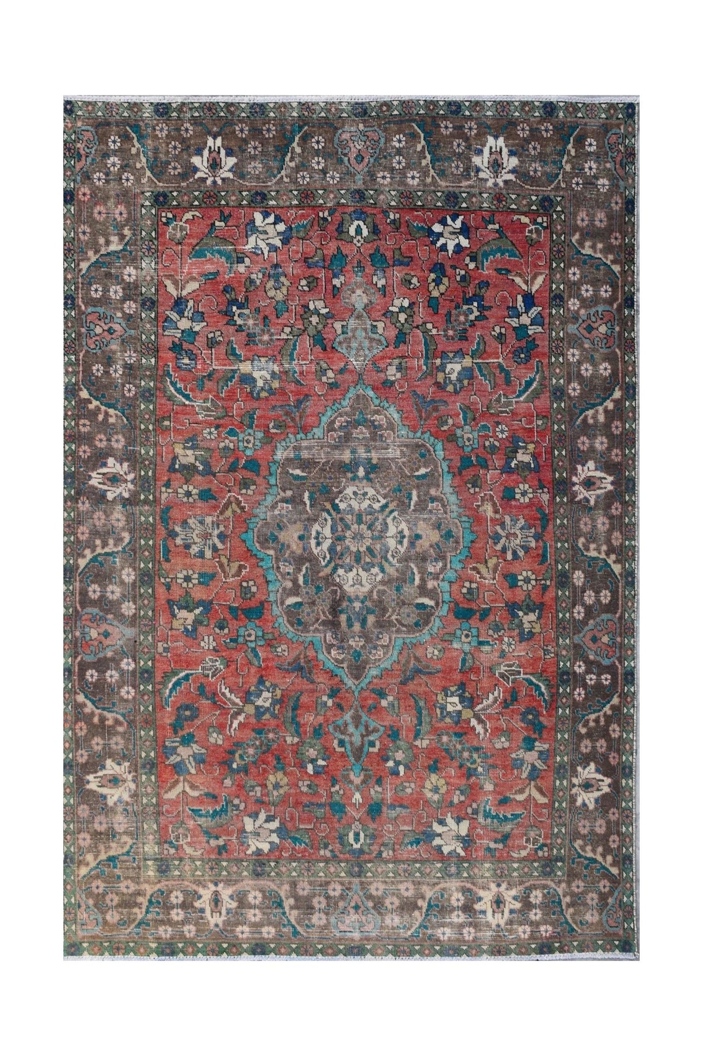 A vintage Persian Tabriz rug featuring a central medallion and intricate floral patterns in red.