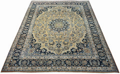 Vintage Persian Kerman rug featuring a central medallion and intricate floral patterns.