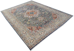 A vintage handwoven Persian Tabriz rug featuring intricate floral patterns in blue and rust tones.