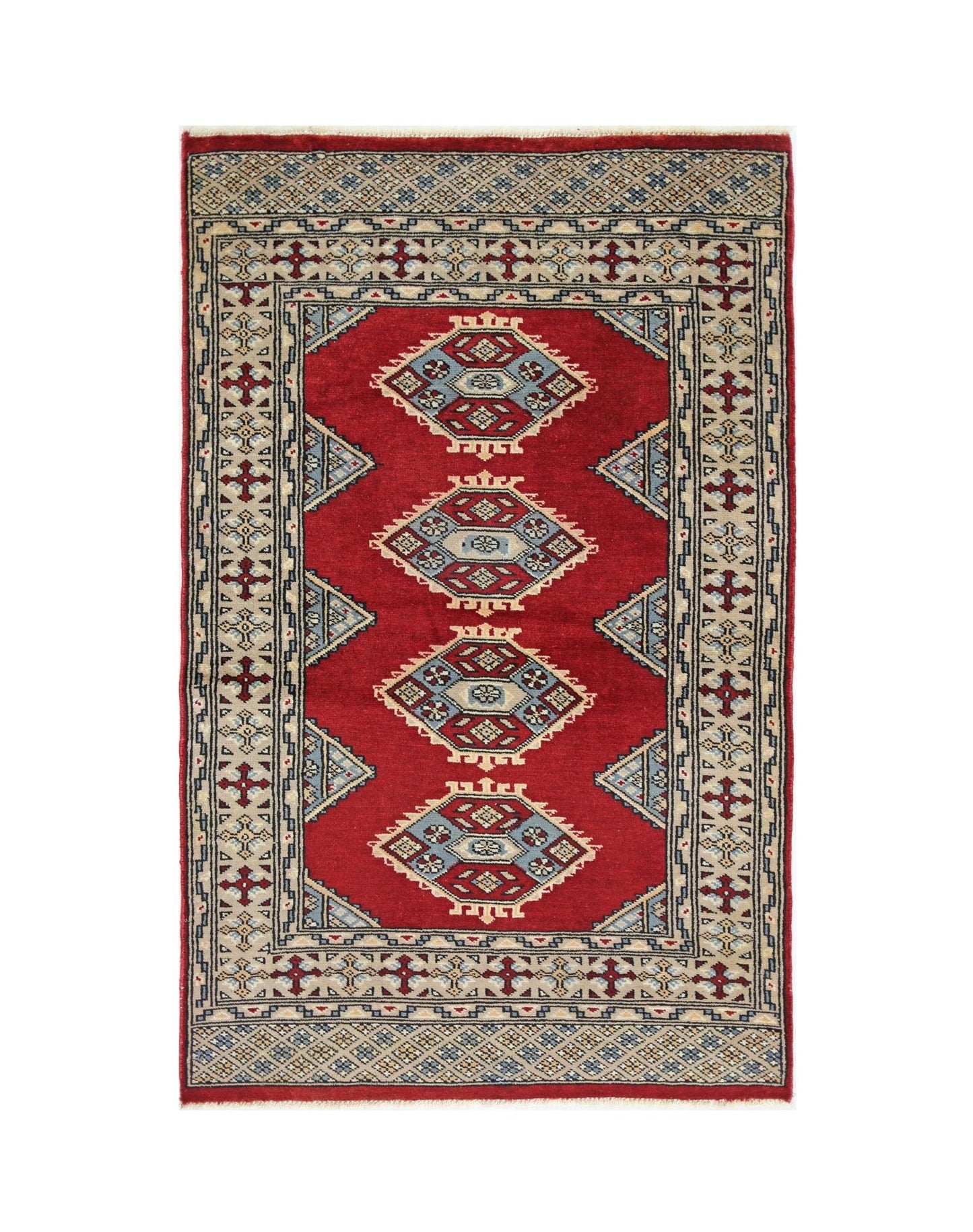A vintage Pakistani Princess Bokhara rug featuring four geometric medallions on a red field.