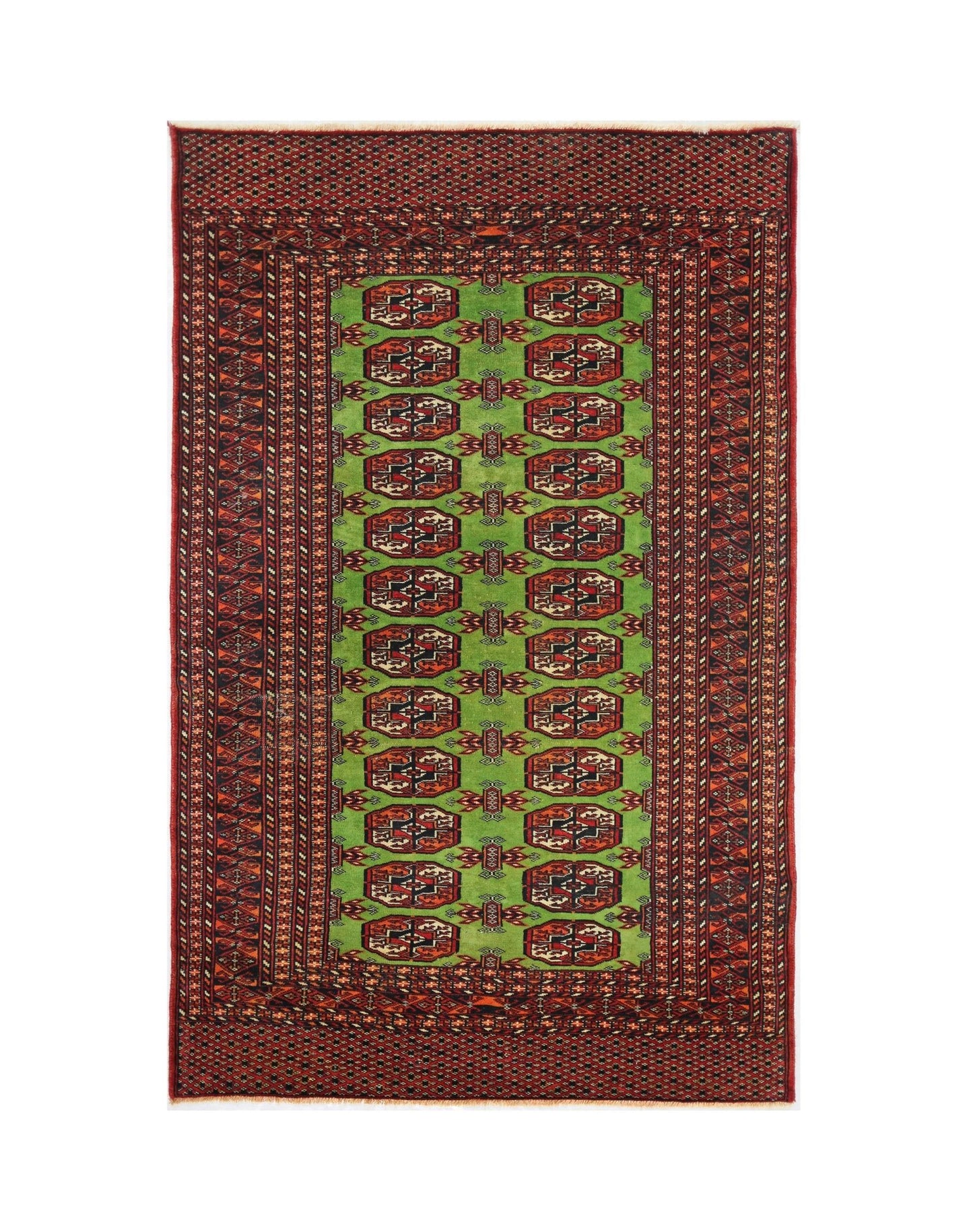 A vintage Pakistani Princess Bokhara rug featuring a bright green field with repeating red motifs.