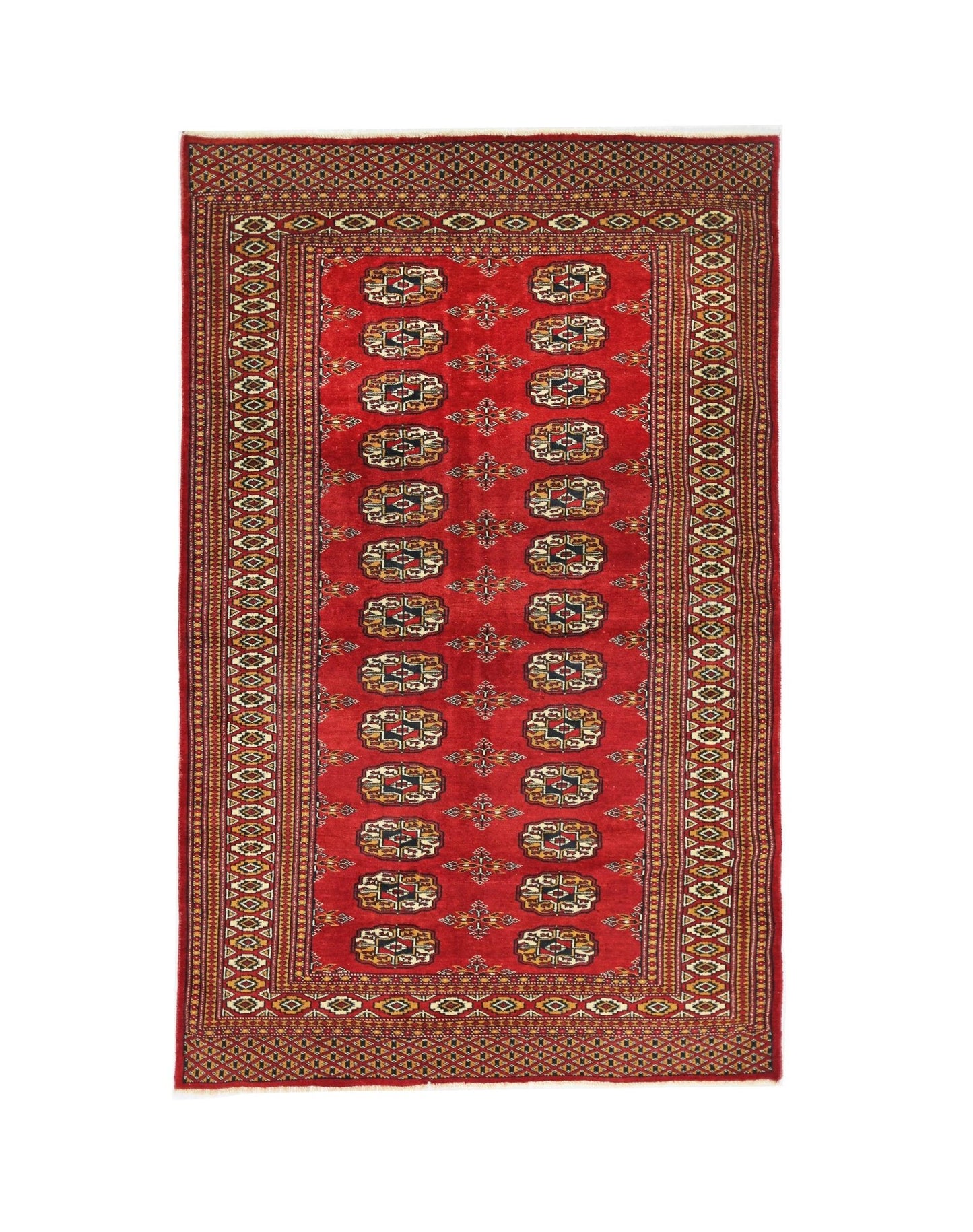 A vintage Pakistani Princess Bokhara rug featuring a red field with repeating geometric motifs.