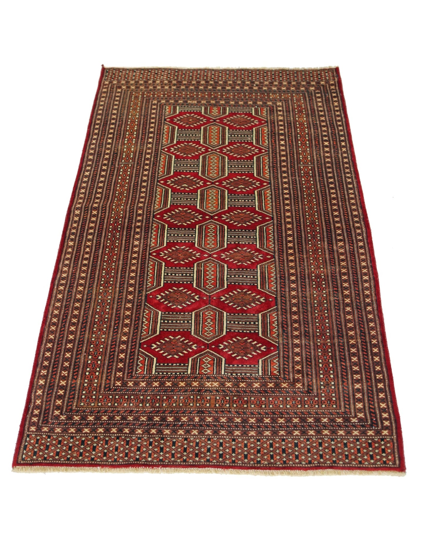 A vintage Pakistani Princess Bokhara rug featuring a repeating geometric pattern in deep red tones.
