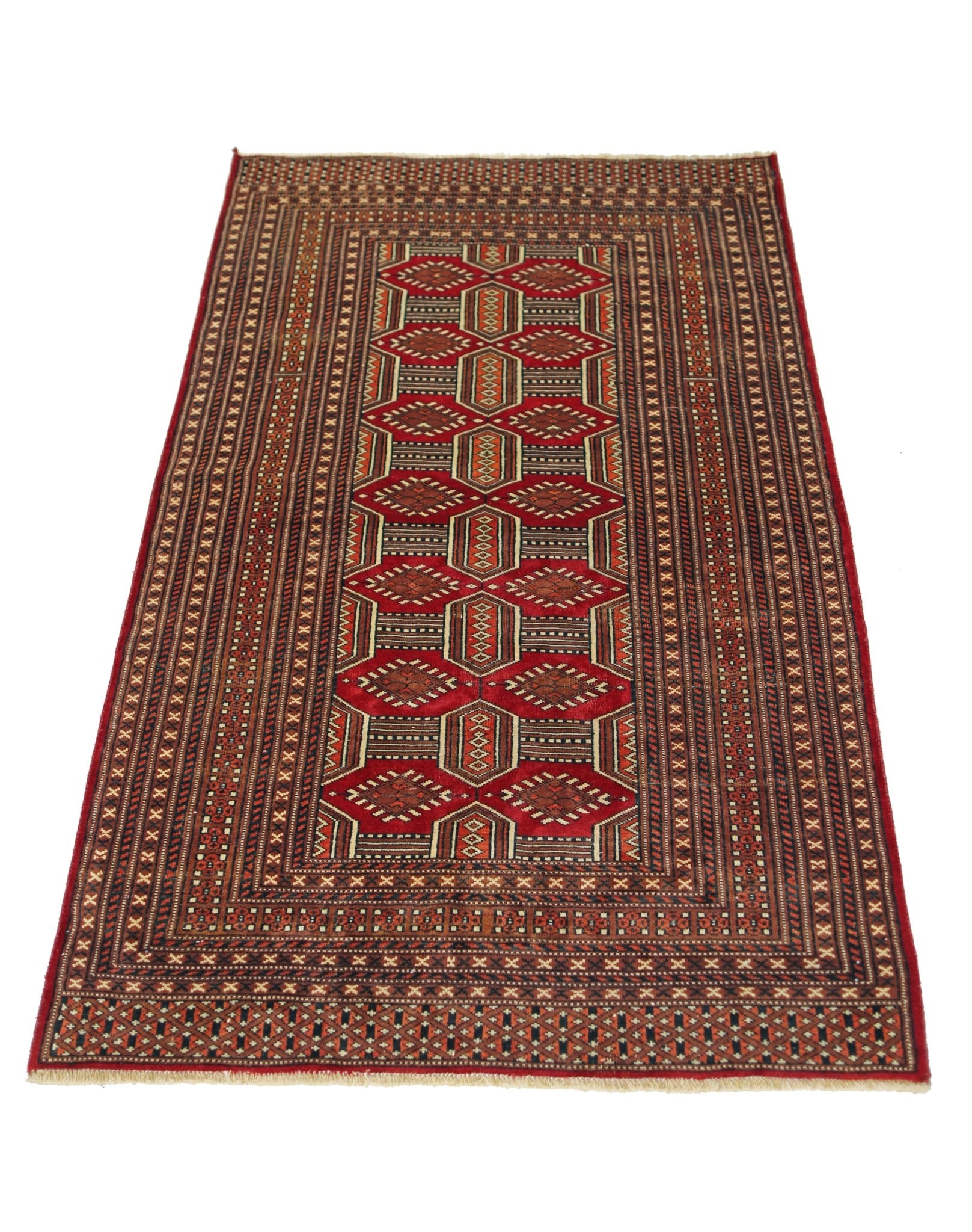A vintage Pakistani Princess Bokhara rug featuring a repeating geometric pattern in deep red tones.