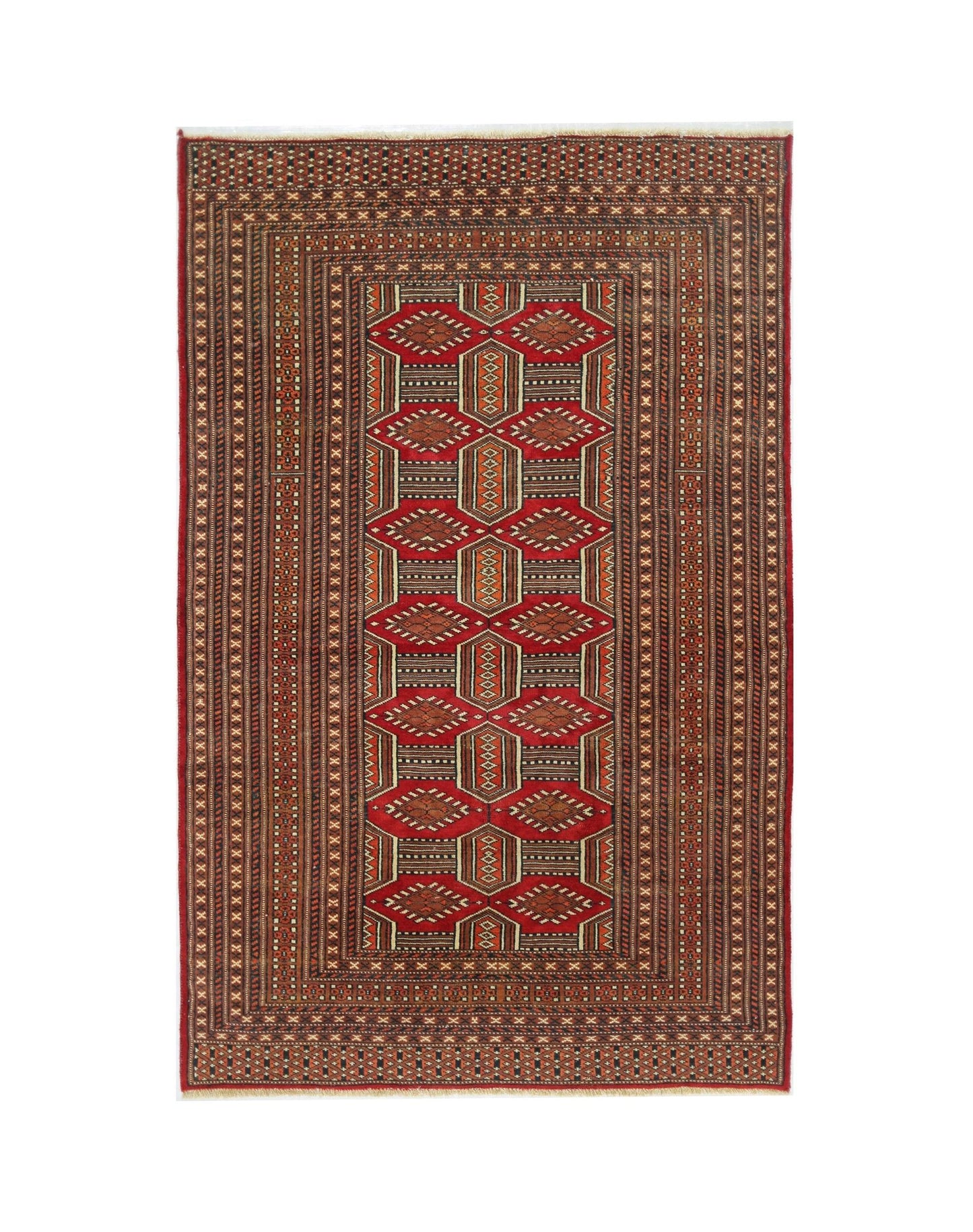 A vintage Pakistani Princess Bokhara rug featuring a repeating geometric pattern in red and brown.