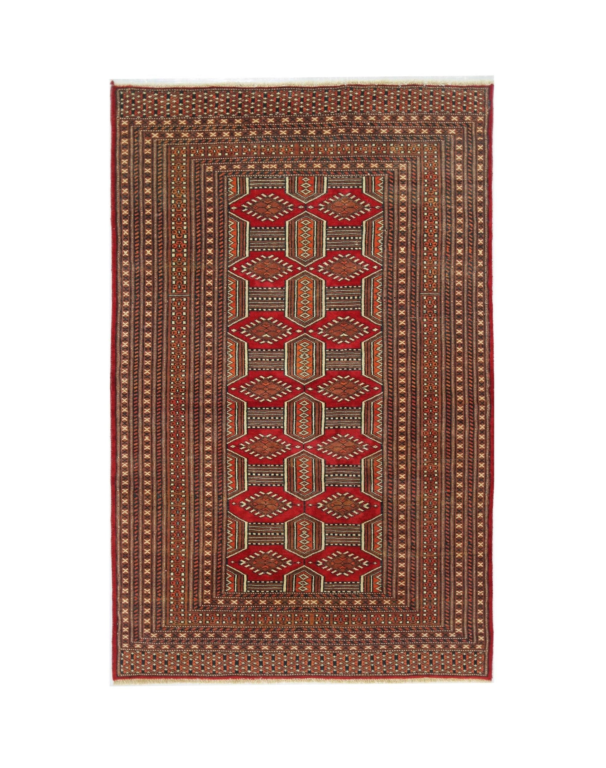 A vintage Pakistani Princess Bokhara rug featuring a repeating geometric pattern in red and brown.