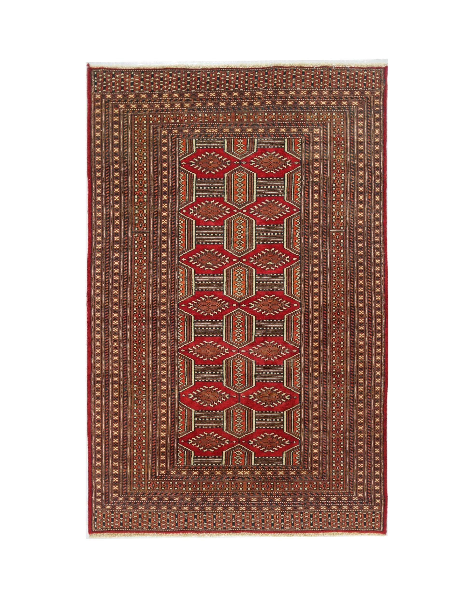 A vintage Pakistani Princess Bokhara rug featuring a repeating geometric pattern in red and brown.